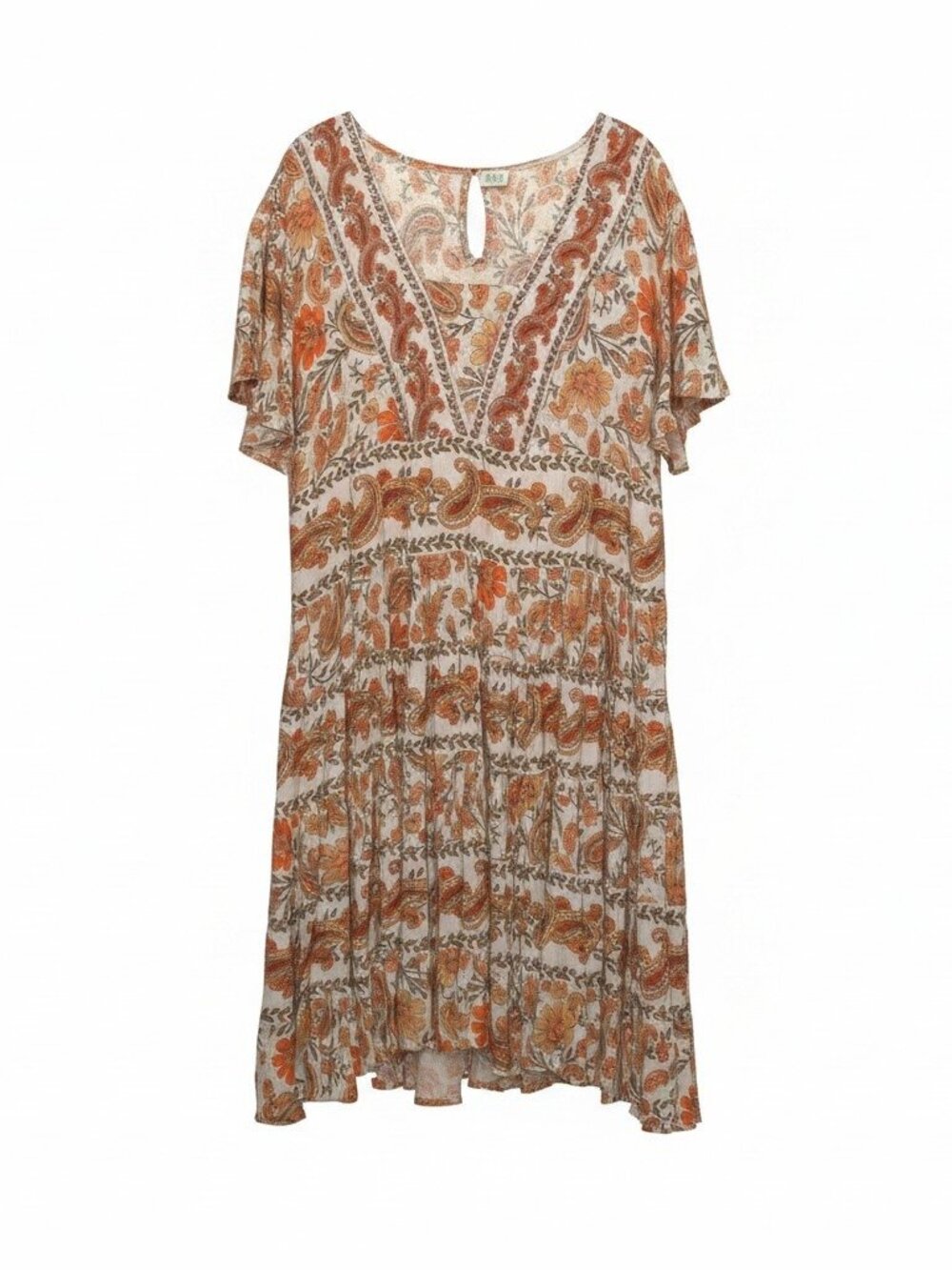 Bila Boho Paisley Mini Dress Lg Beige Orange Flutter Sleeve Festival Cottagecore
